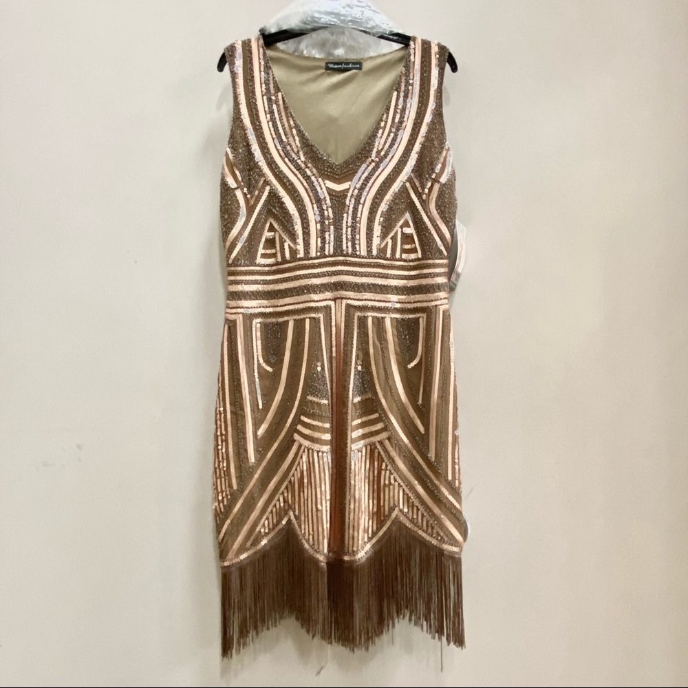 Camel Gold Flapper Dress 1920s Harlem Gatsby